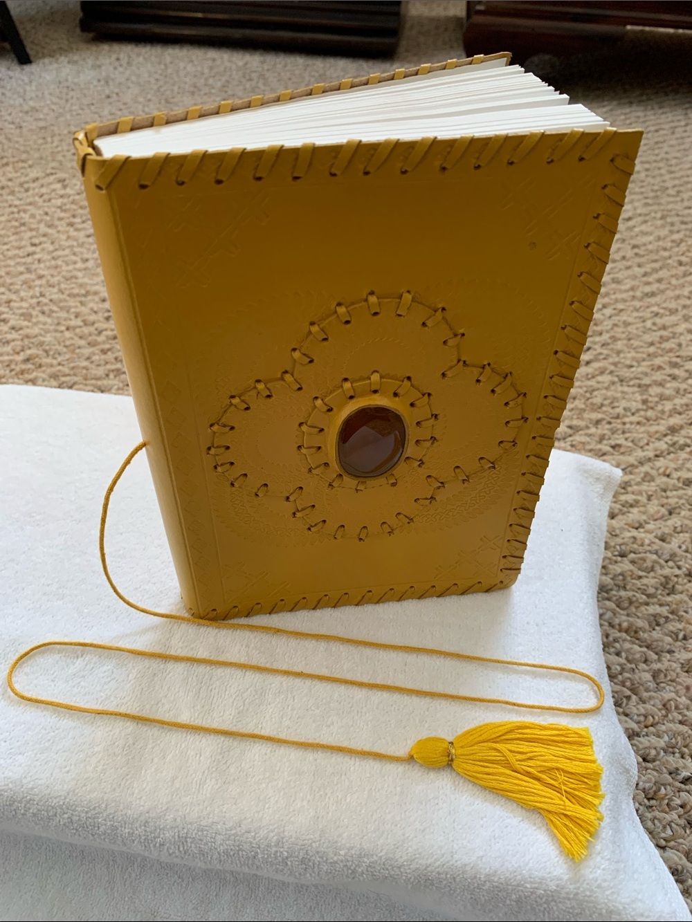 Yellow Leather Journal with Decorative Jasper Accent and Tassel